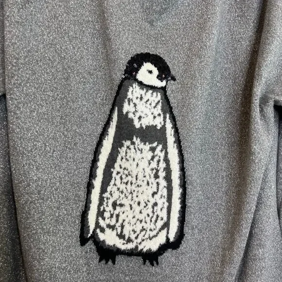 Style & Co Womens Sweater XL Gray Metallic Penguin Holiday Pullover Long Sleeve - Picture 2 of 6